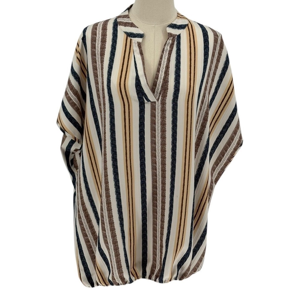 Unbranded Striped Dolman Sleeve Blouse Brown Navy Split Neck‎ Bubble Hem 4XL